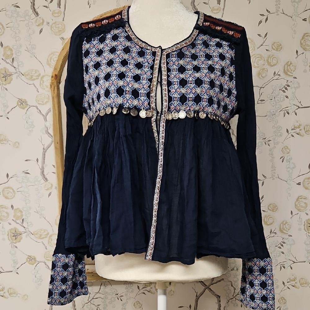 Lovestitch Blue Long Sleeve Embellished Peplum Blouse